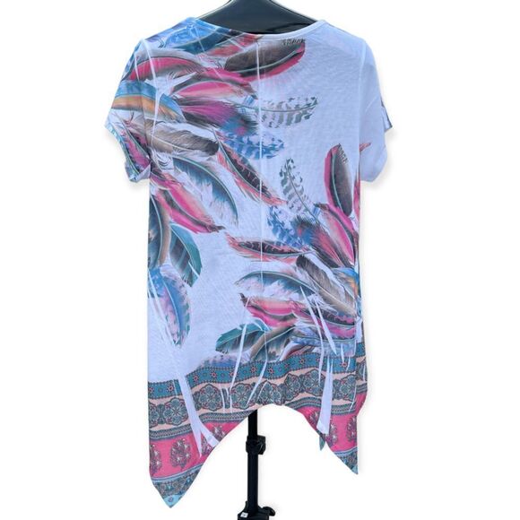 blush Light Asymmetrical Blouse Blue Pink Tan Feathers Size 2X - Picture 3 of 7